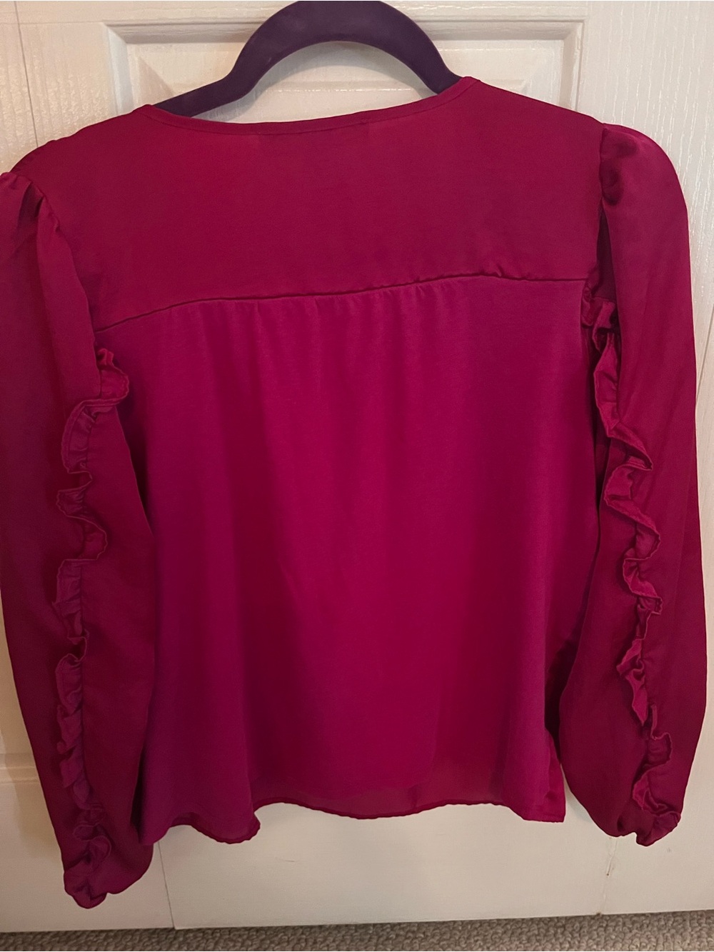 LOFT Ruffle-Trim V-Neck Blouse - Deep Raspberry - Picture 4 of 4